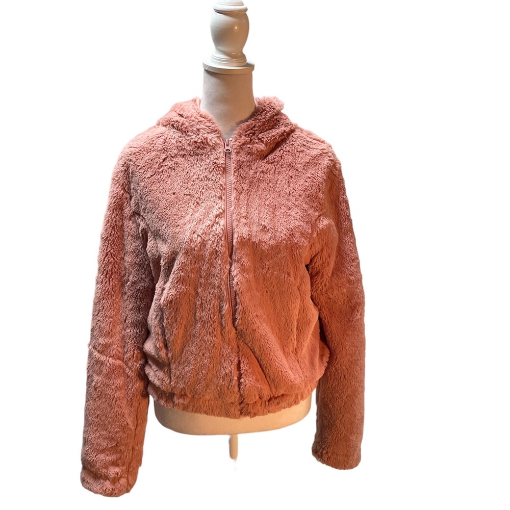 Ambiance Outerwear Pastel Pink Faux Fur Long Sleeve Zip Front Hoodie Jacket M